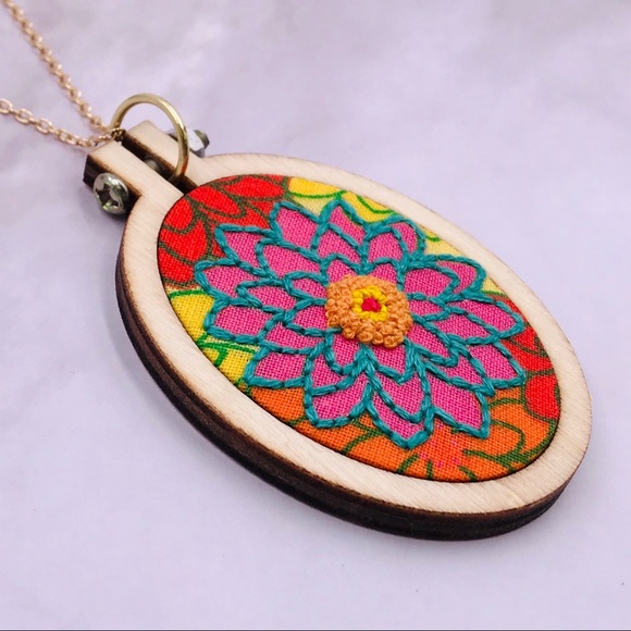 🏷SOLD🏷 Hand Sewn  Embroidery Pendant Necklace - Picture 2 of 6